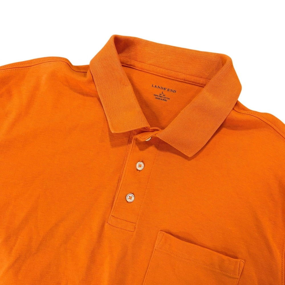 LANDS END Polo Shirt Mens L Orange Short Sleeve Pocket Pima Cotton Casual Top
